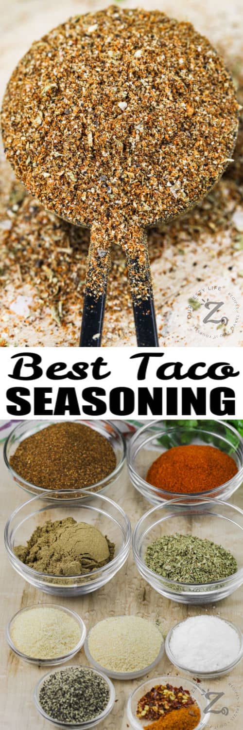 Taco Seasoning ingredients in bowls and on a spoon close up with a title