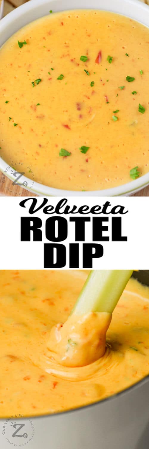 dipping celery in Velveeta Rotel Dip and close up of plated dish with writing