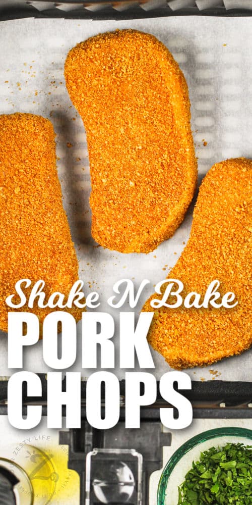 Air Fryer Shake N Bake Pork Chops in the fryer with a title