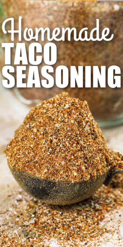Taco Seasoning in a spoon with writing