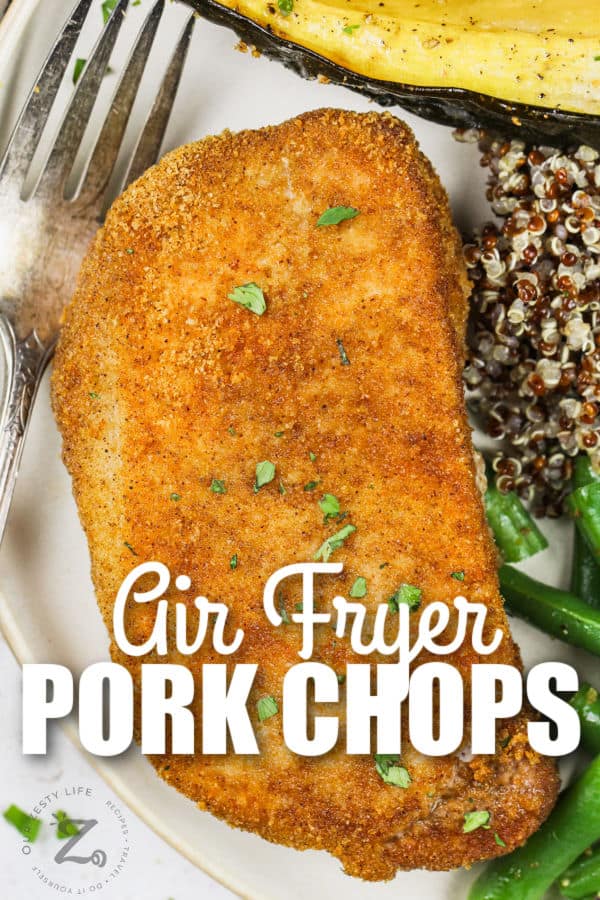 Air Fryer Shake N Bake Pork Chops on a plate with writing