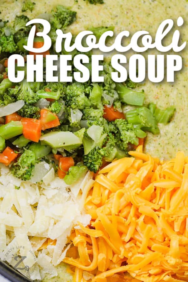 close up of Broccoli Cheese Soup ingredients with writing