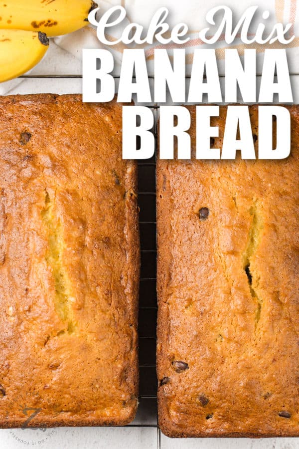 loafs of Cake Mix Banana Bread with a title