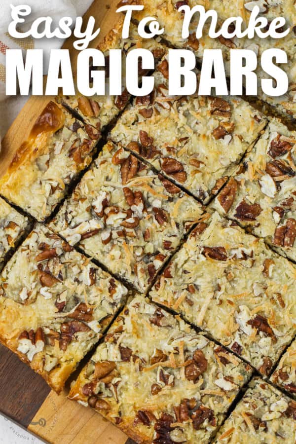 top view of Magic Cookie Bars pieces with writing