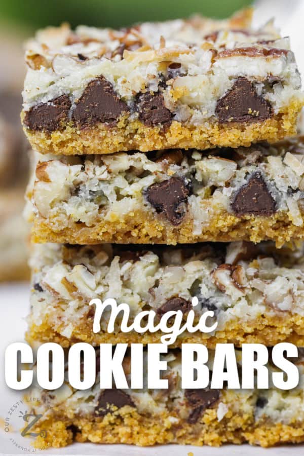 close up of Magic Cookie Bars with a title