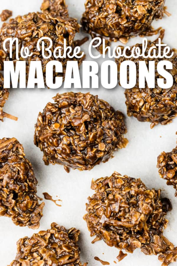 No Bake Chocolate Macaroons placed on parchment paper, with writing