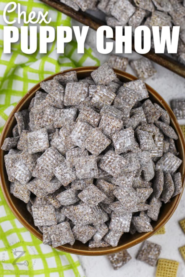 close up of Puppy Chow with writing