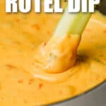 dipping celery in Velveeta Rotel Dip with a title