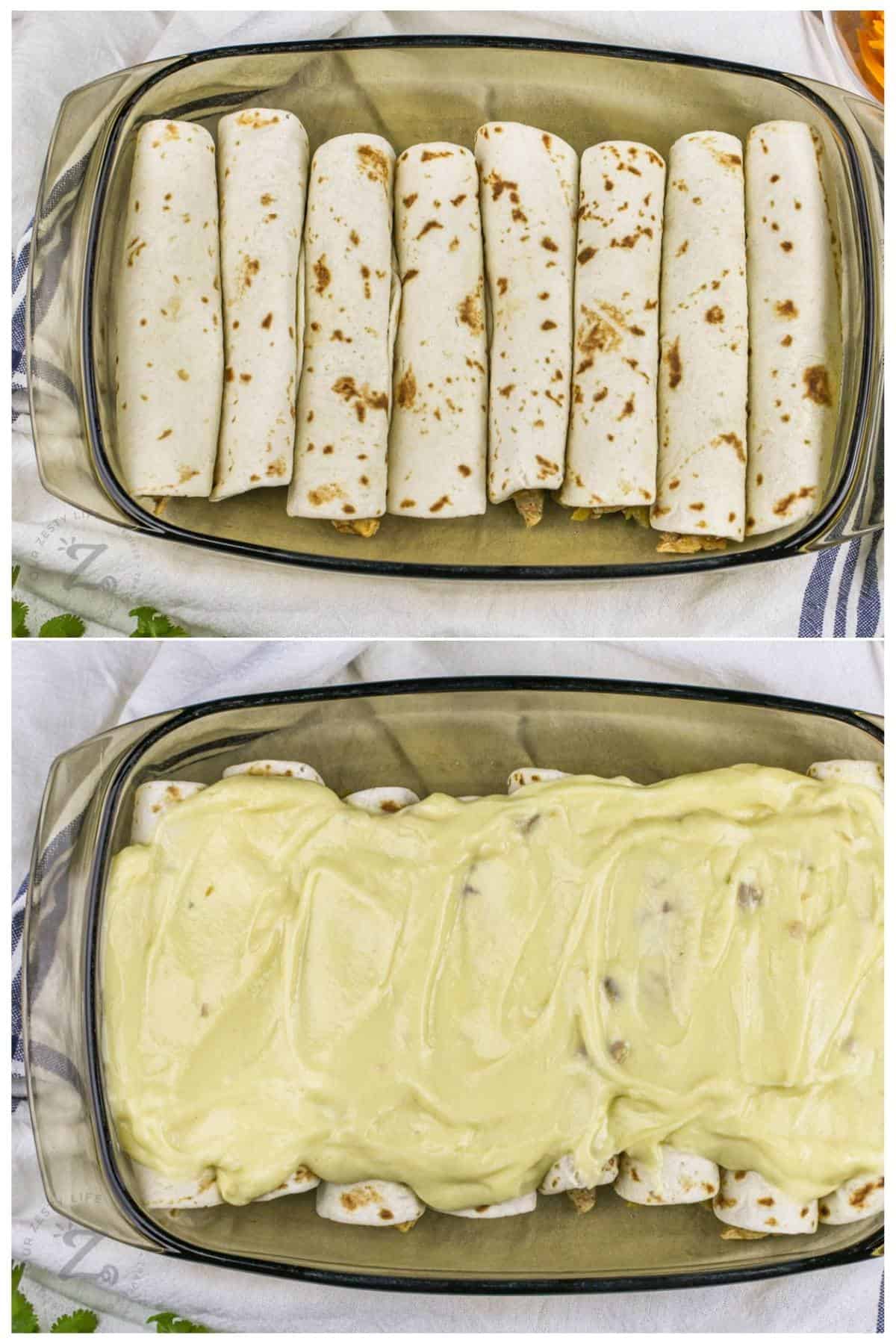 process of adding ingredients to the pan to make Creamy Chicken Enchiladas
