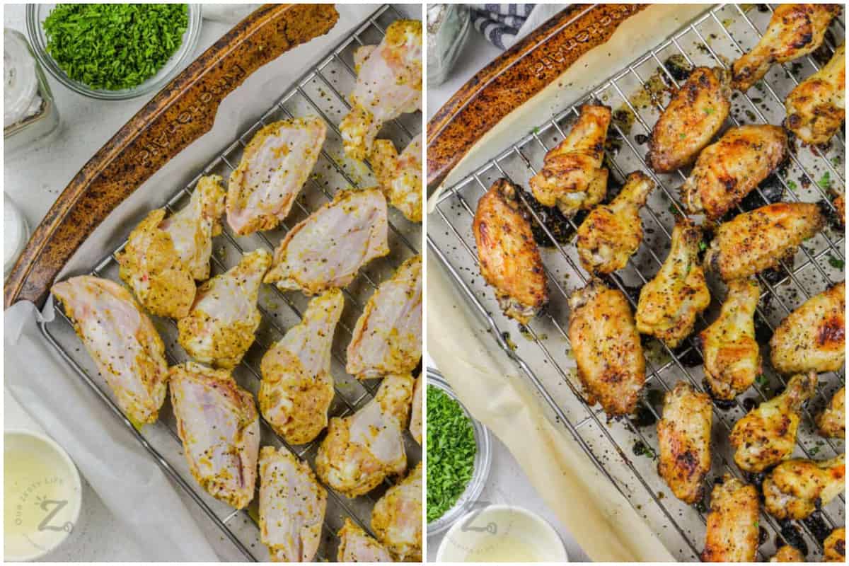 Lemon Pepper Chicken Wings on a baking sheet and rack before and after being baked,