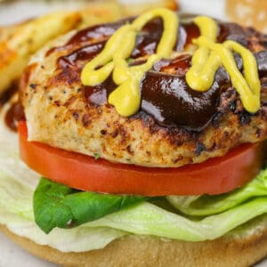 close up of open Air Fryer Chicken Burgers