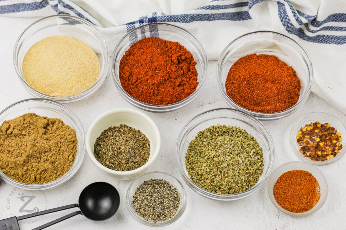 ingredients in bowls to make Chili Seasoning