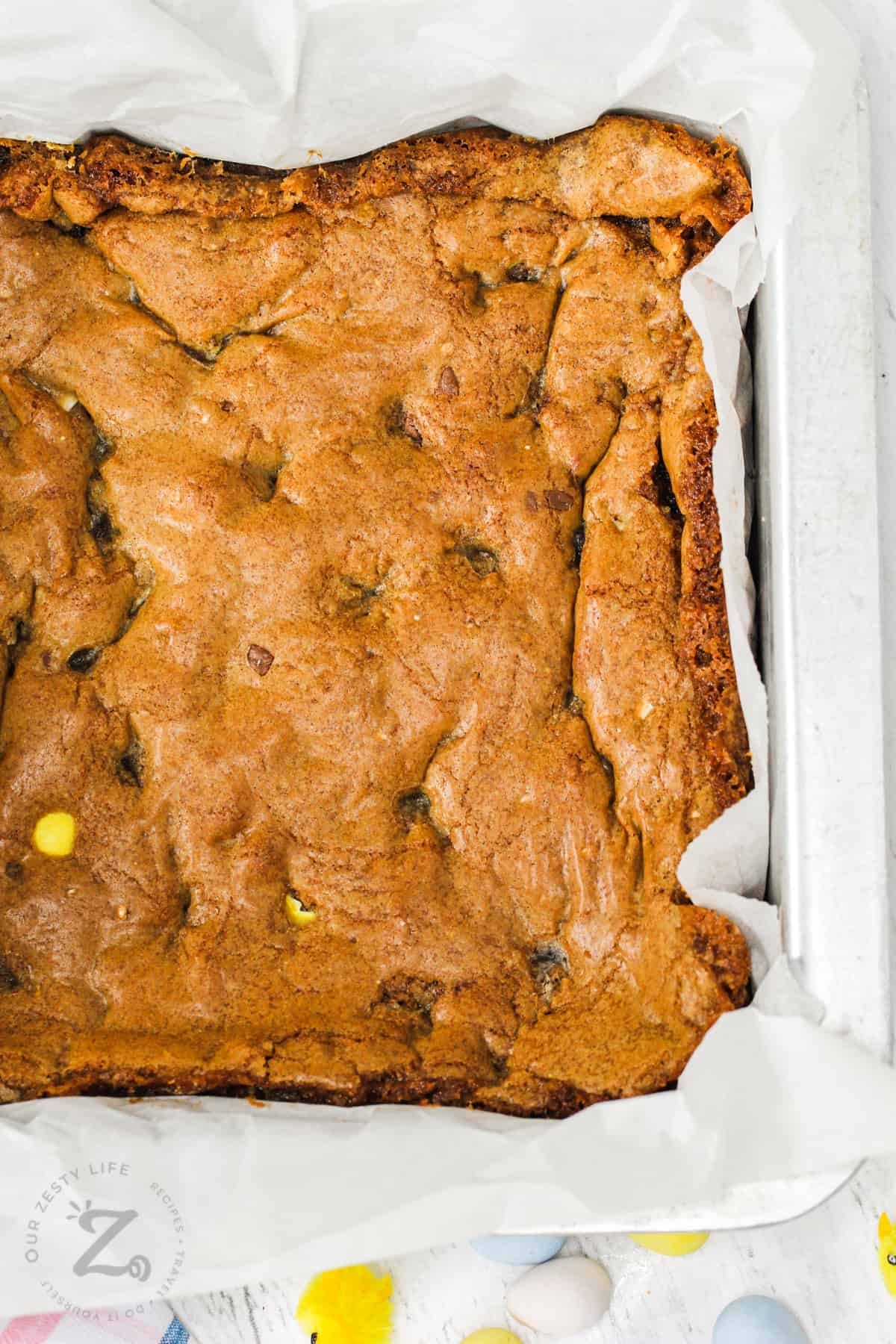 cooked Easter Blondies in the pan