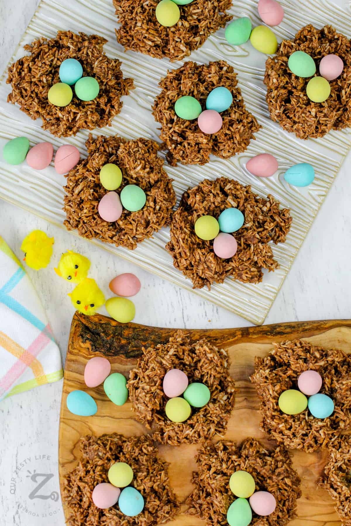 Easter Macaroon Nests on wooden platters