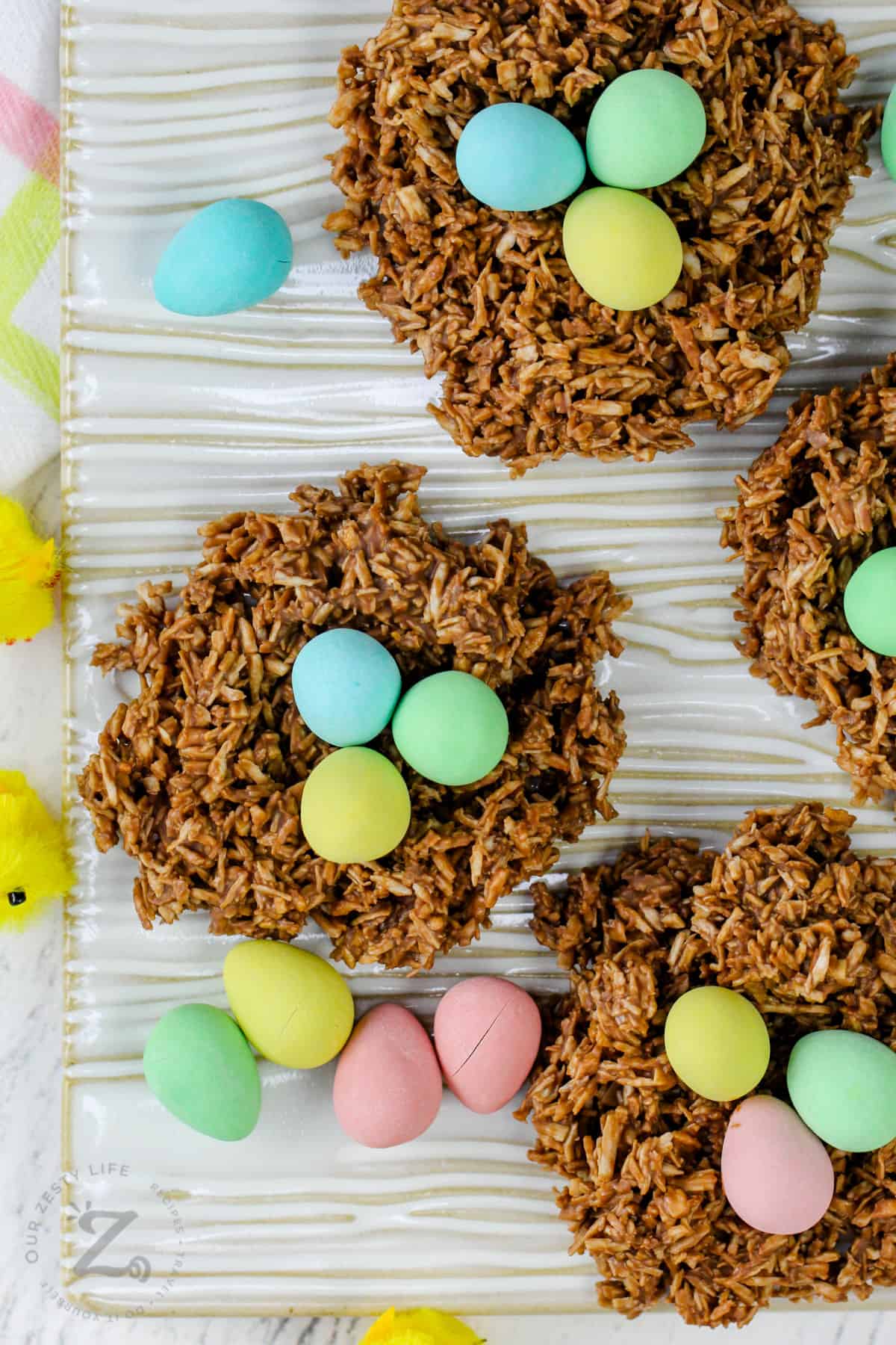 close up of Easter Macaroon Nests with mini eggs