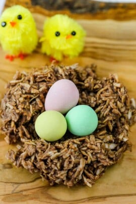 Easter Macaroon Nests with mini eggs close up