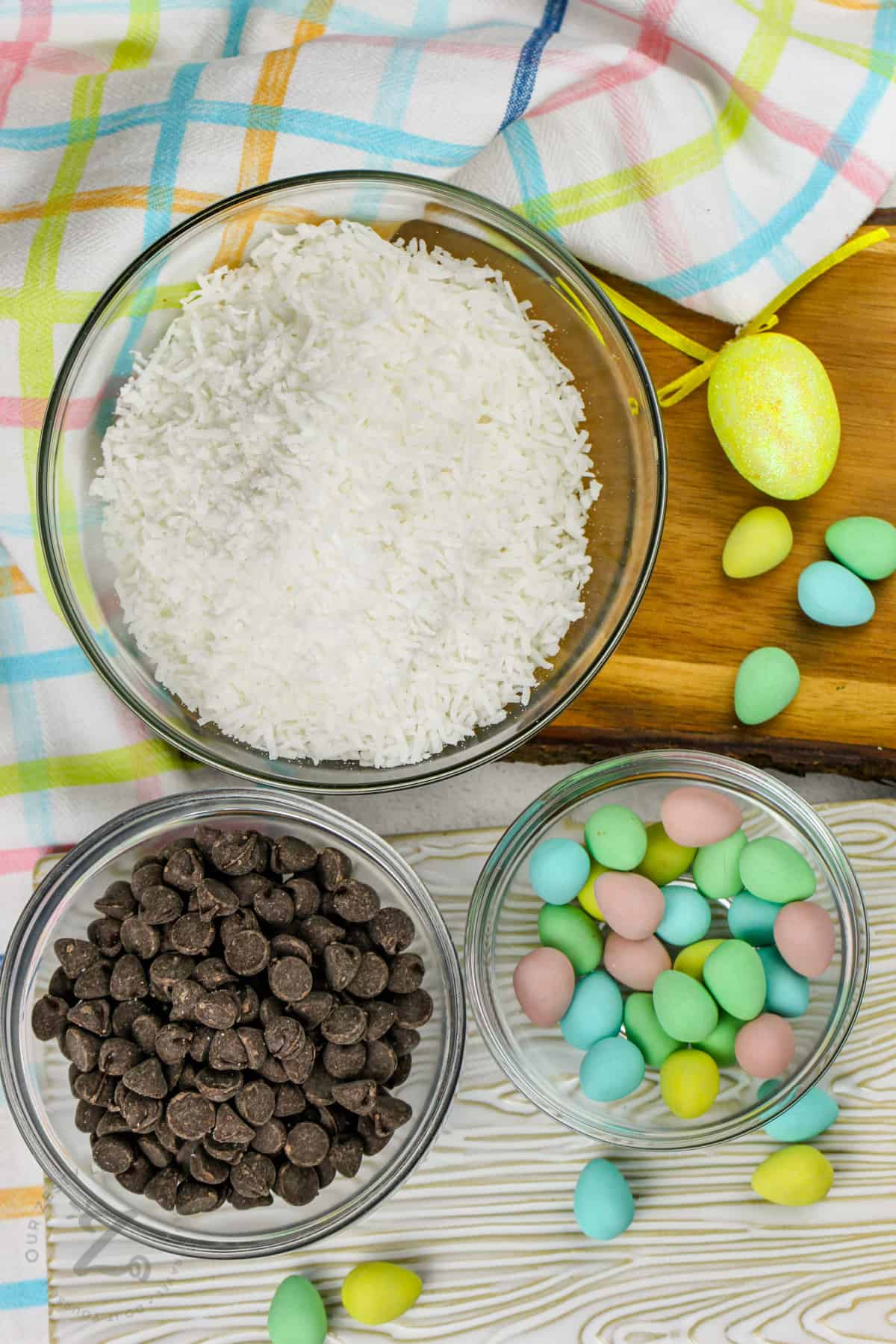 ingredients in bowls to make Easter Macaroon Nests