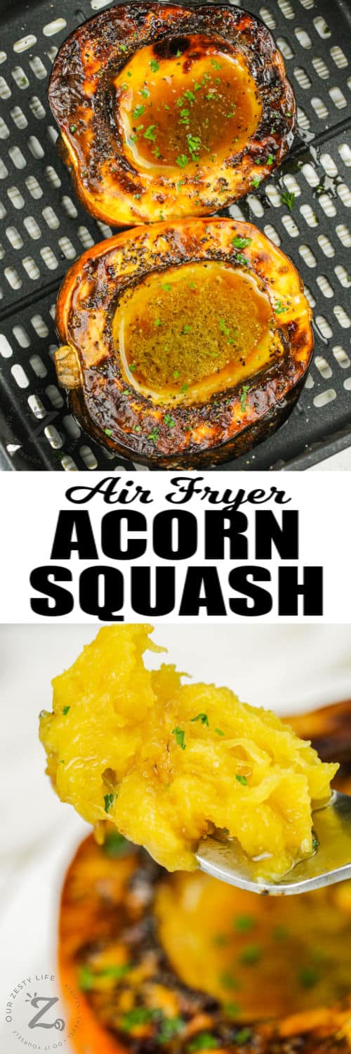 Air Fryer Acorn Squash in the fryer cooked and plated on a fork with writing