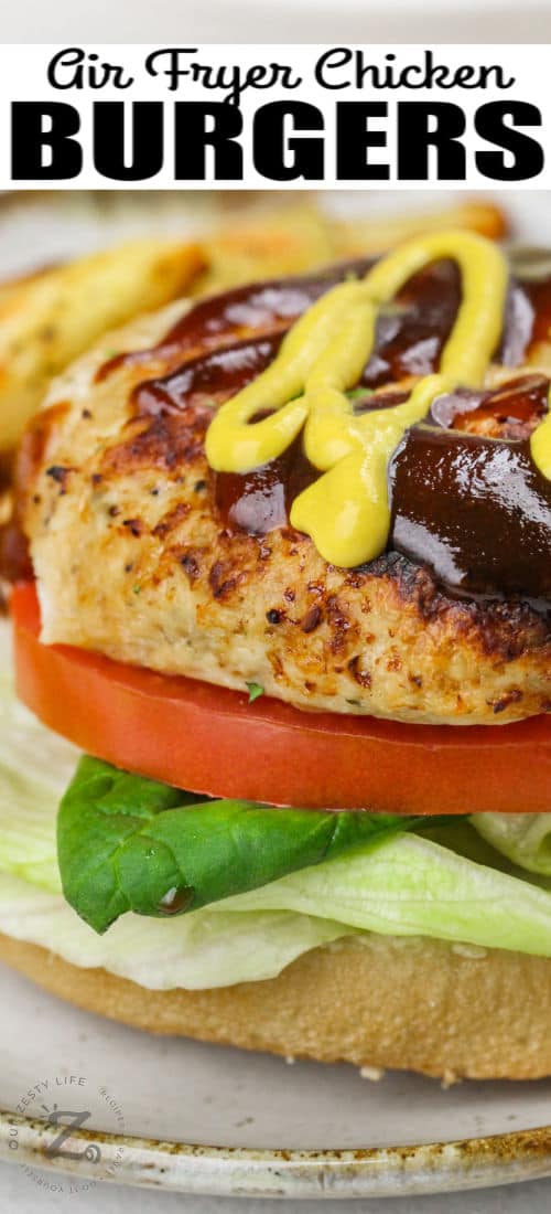 close up of Air Fryer Chicken Burgers with writing