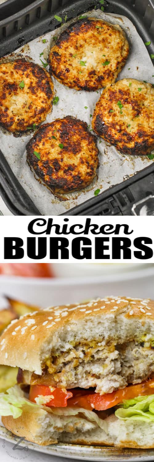 cooked Air Fryer Chicken Burgers in the fryer and plated burger with a title
