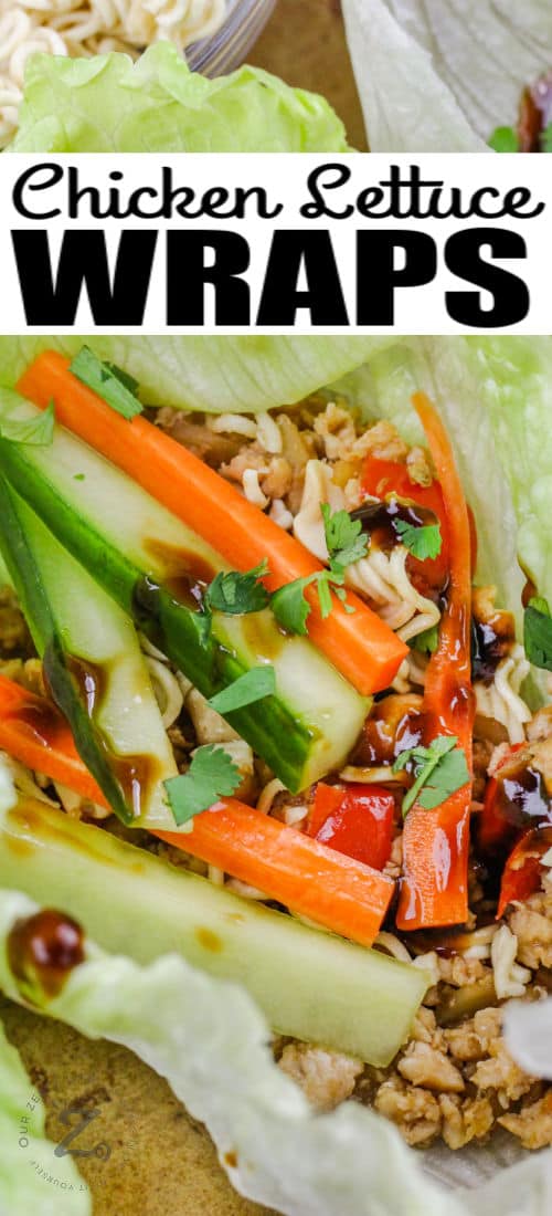 close up of Chicken Lettuce Wraps with writing