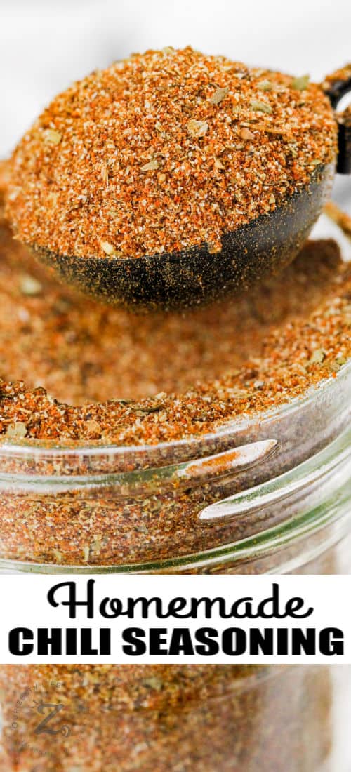 jar of Chili Seasoning with spoonful and writing