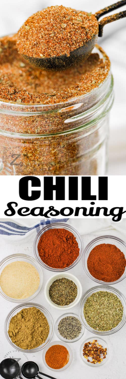 spices in bowls to make Chili Seasoning with finished seasoning in jar and writing