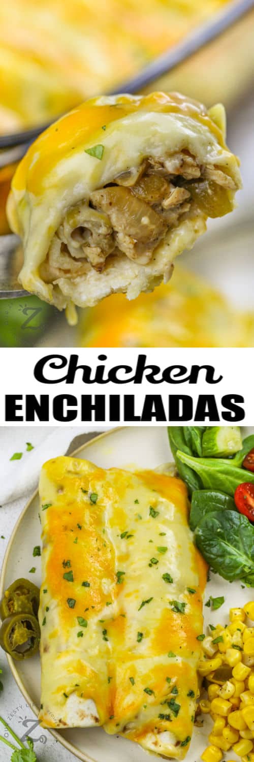 plated Creamy Chicken Enchiladas and close up on a fork with writing