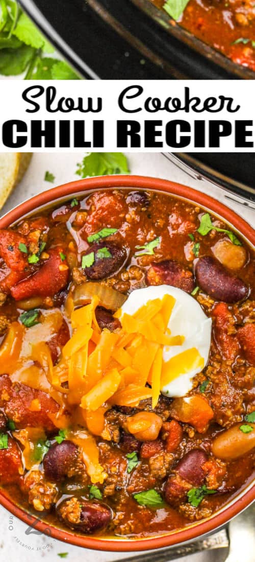 bowl of Crockpot Chili Slow Cooker Chili and cheese with writing