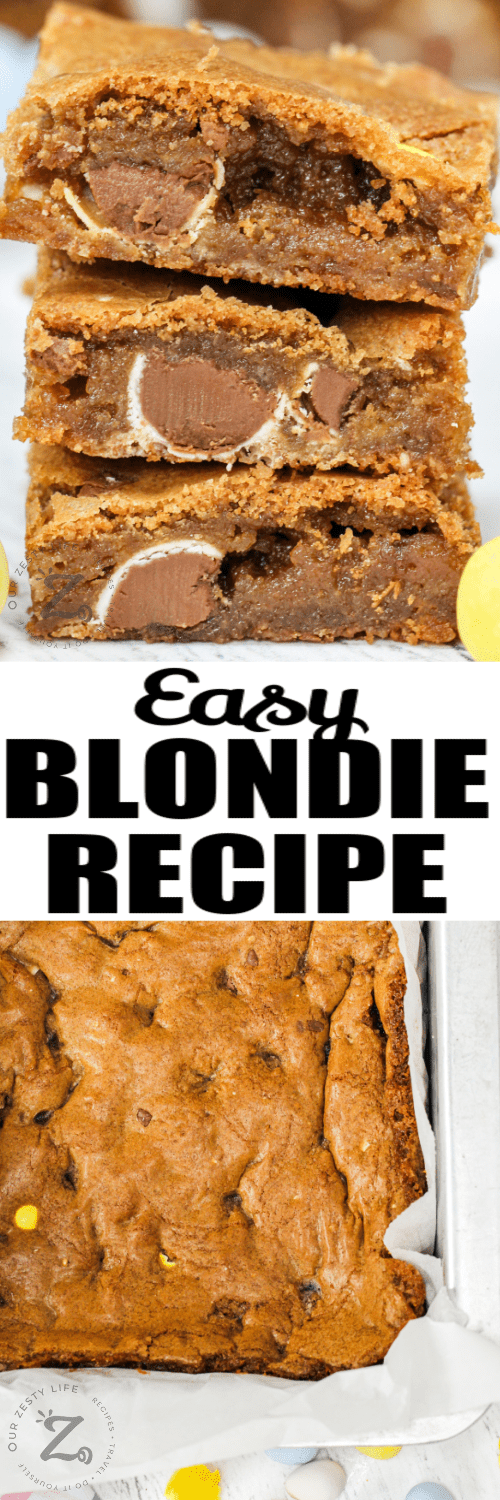Easter Blondies in the pan cooked and in a stack with a title