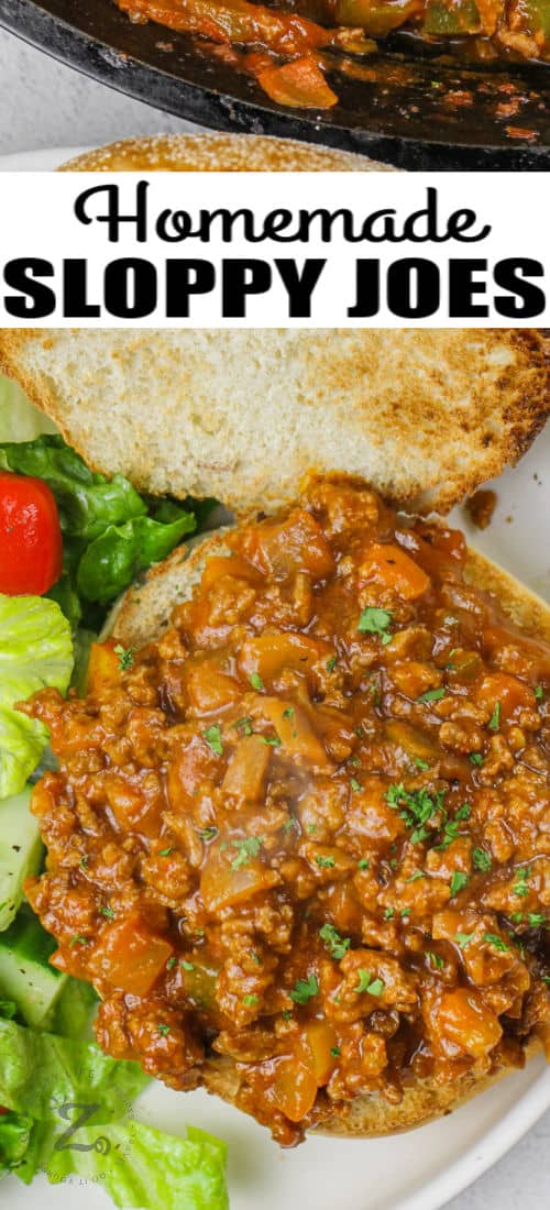 open Homemade Sloppy Joes on a plate with a title