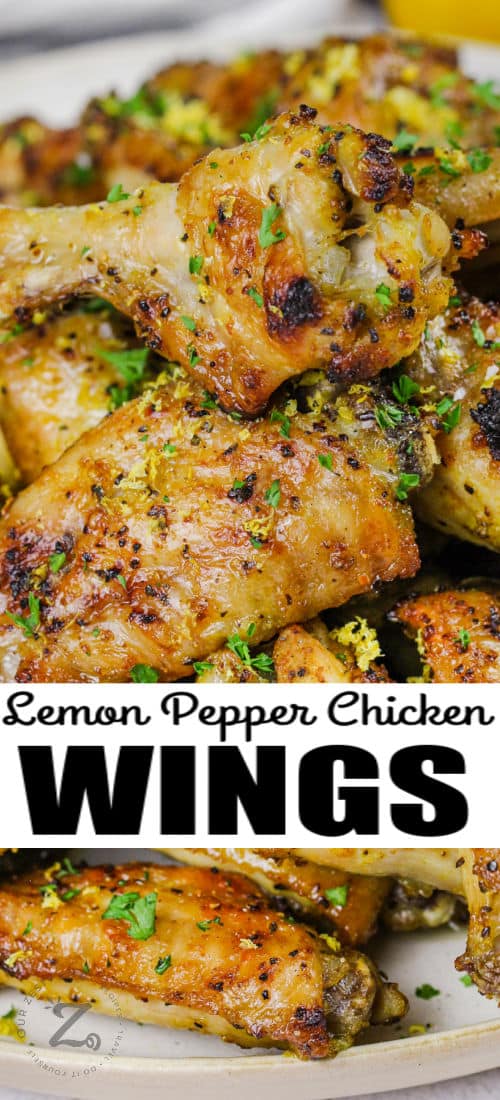 close up of Lemon Pepper Chicken Wings with writing