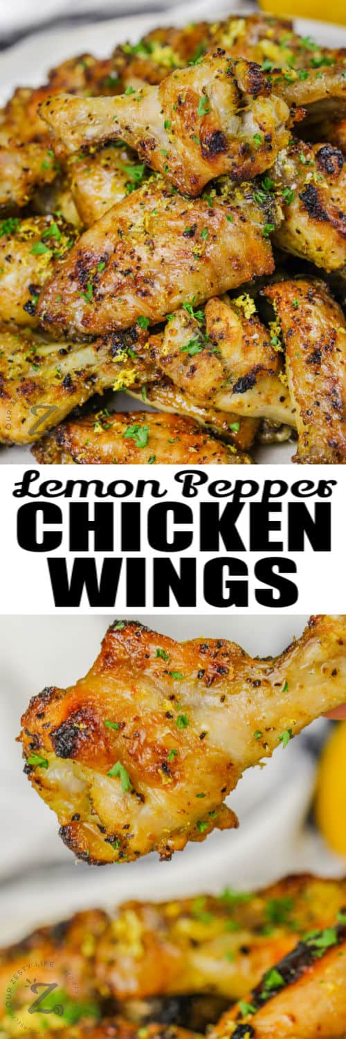 Lemon Pepper Chicken Wings on a plate and close up with writing