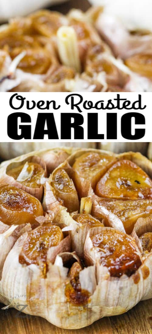 cooked Roasted Garlic with writing