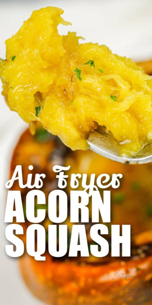 close up of Air Fryer Acorn Squash on a fork with writing