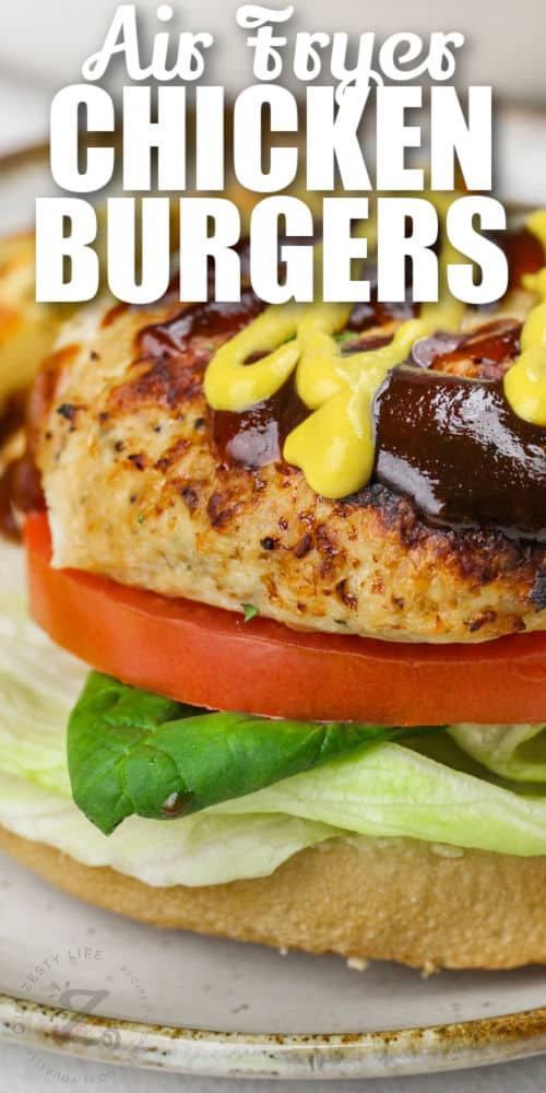 close up of open Air Fryer Chicken Burgers with writing