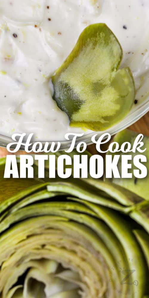 dipping Artichokes in dip with writing