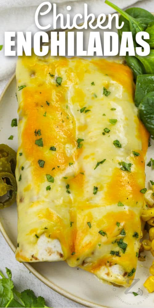 plated Creamy Chicken Enchiladas with a title