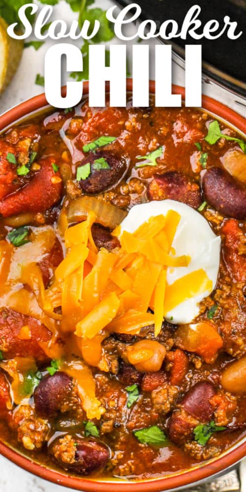 close up of Crockpot Chili Slow Cooker Chili with writing