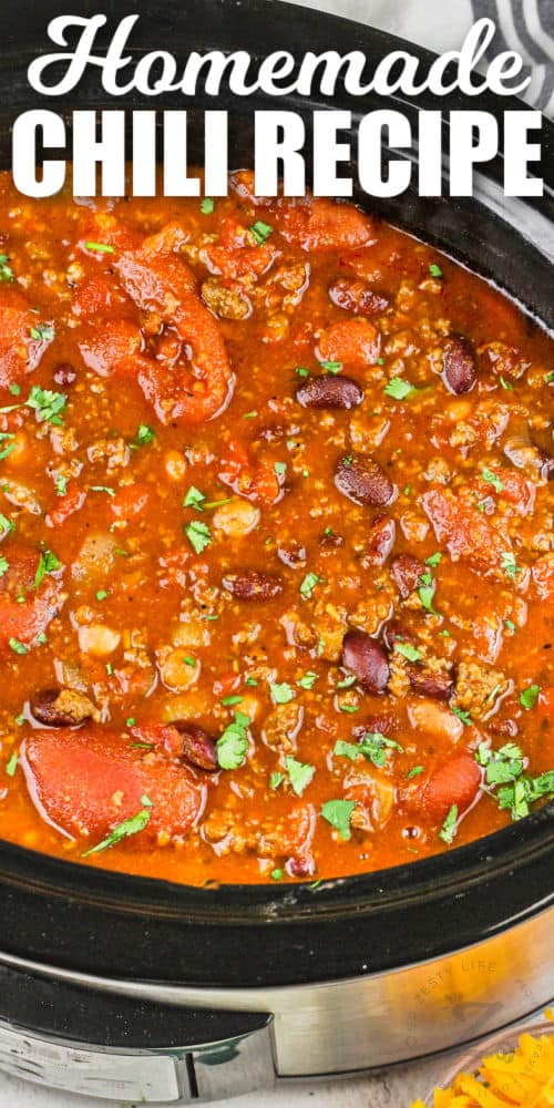 cooked Crockpot Chili Slow Cooker Chili with writing