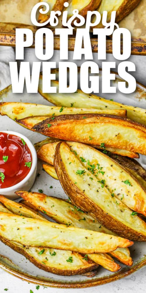 plated Potato Wedges with ketchup and a title