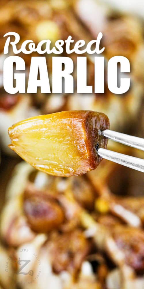 Roasted Garlic on a fork with writing