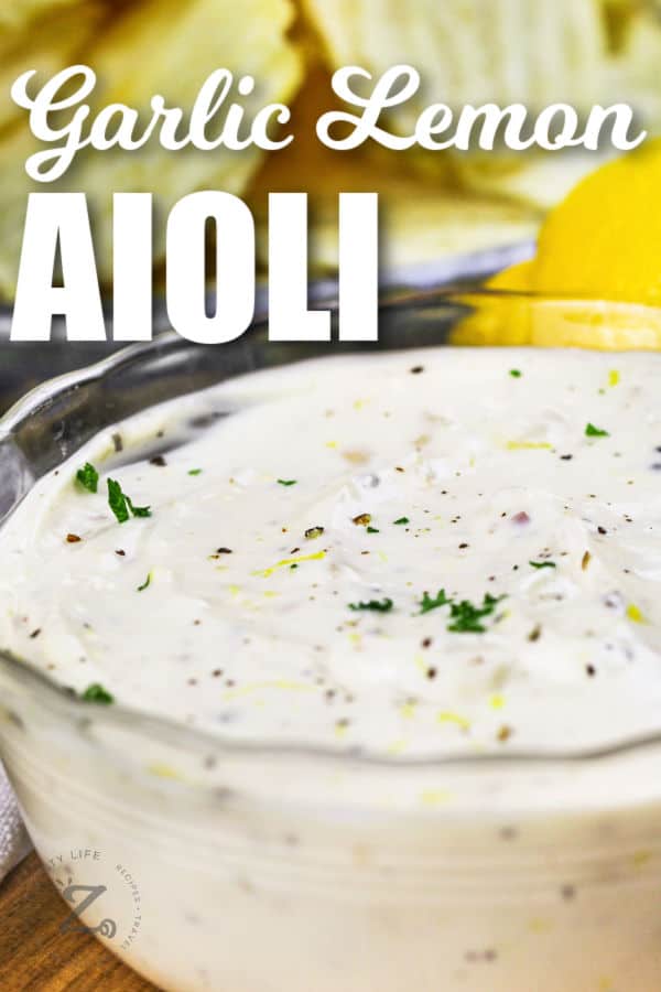 close up of Cheater Garlic Aioli with a title