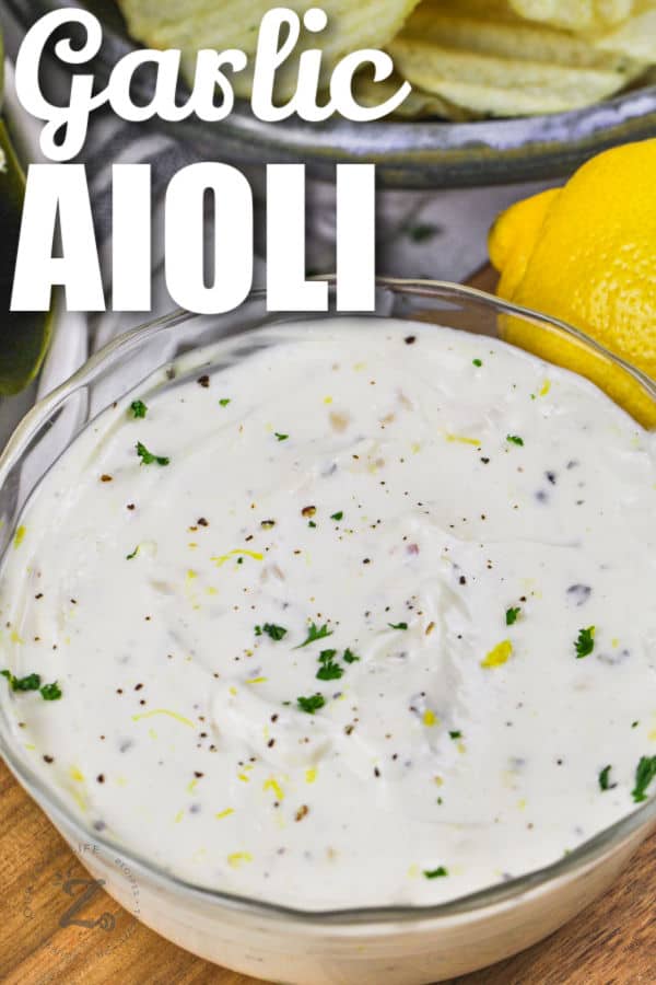 bowl of Cheater Garlic Aioli with a title
