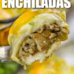 piece of Creamy Chicken Enchiladas on a fork with writing