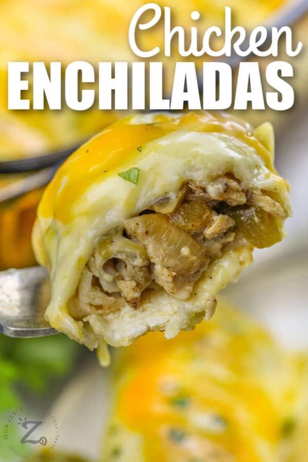 piece of Creamy Chicken Enchiladas on a fork with writing