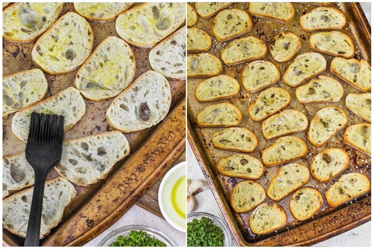 process of brushing and cooking Crostini on a baking sheet