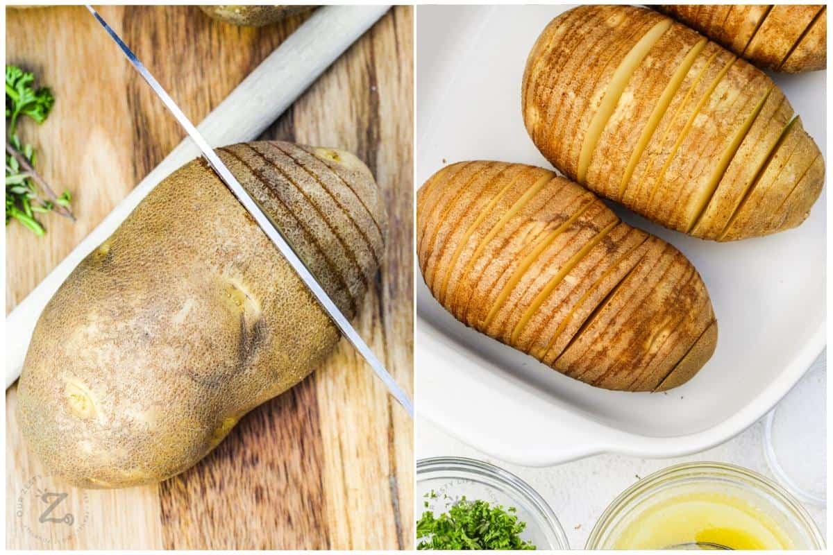process of slicing and prepping Hasselback Potatoes