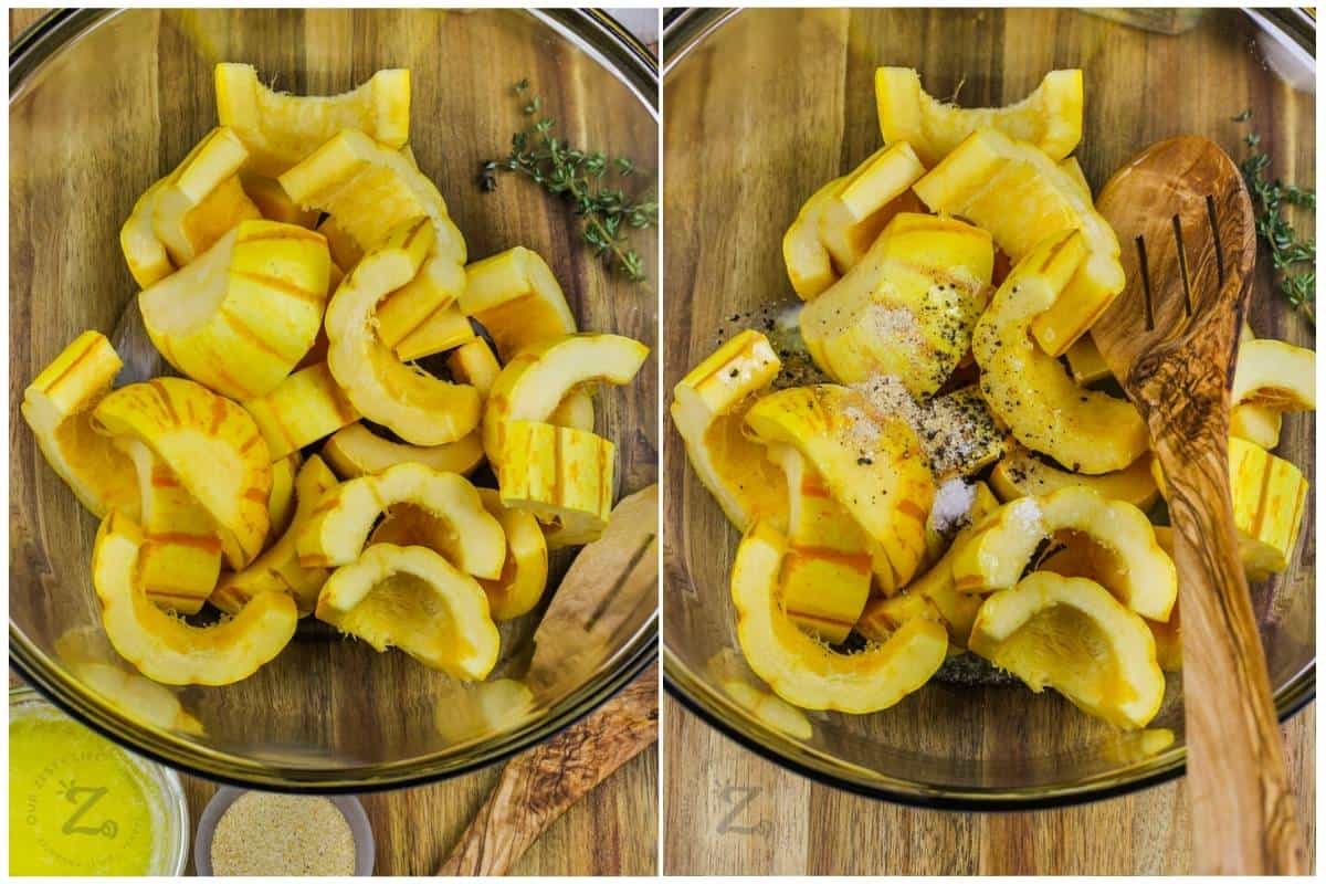 process of mixing ingredients together to make Roasted Delicata Squash
