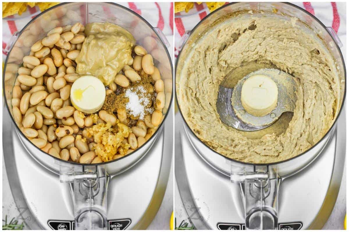 process of blending ingredients to make White Bean Hummus